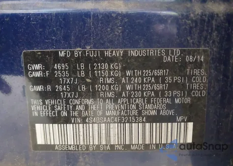 2015 Subaru Outback 2.5I из США, поврежденный, VIN 4S4BSAAC4F3215384